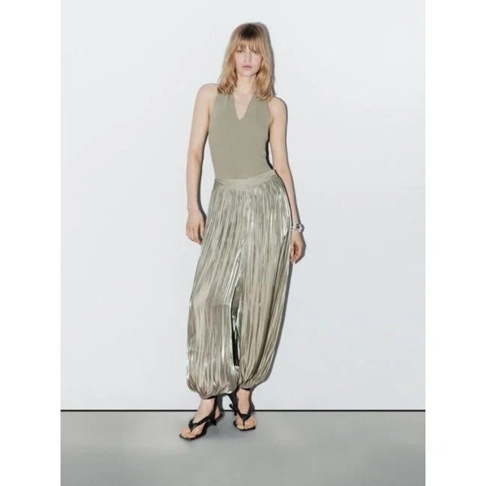 Massimo Dutti Womens Sarouel Trousers XS Pale Green Loose Wide leg 9100/954 NWT
